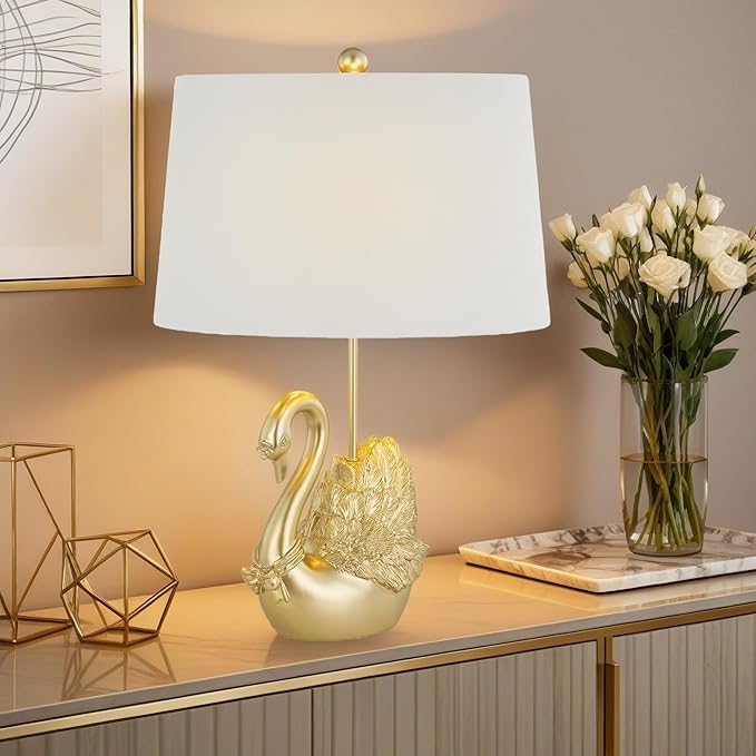 Crestview Collection Bird Table Lamp, 24" Gold Swan Resin Table Lamp with Linen Shade, Modern Animal Lamp for Nightstand,End Table or Entryway, Art Deco Home Decor for Bedroom,Living Room or Hallway - Bloomnest