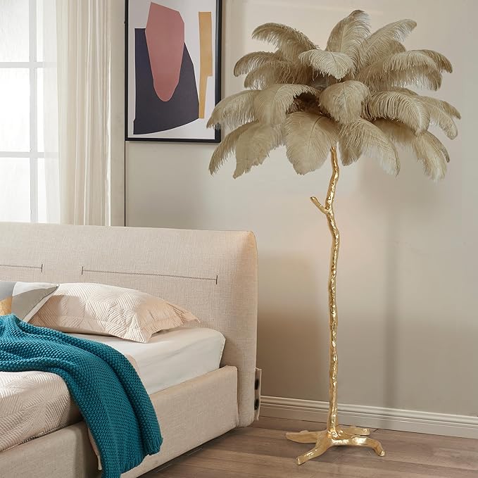 MAYOLA Luxury Resin Ostrich Feather Lamp, 35 Pieces Real Ostrich Feathers,Floor Lamp for Living Room, Bedroom and Office 67” Tall Feather Lamp(Ostrich Color, Floor Lamp) - Bloomnest