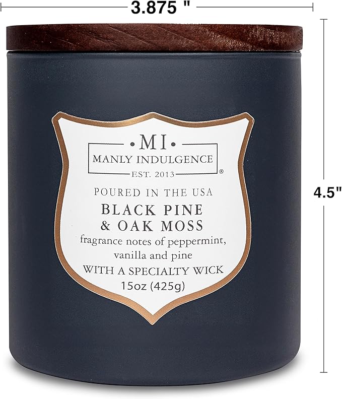 Manly Indulgence Black Pine Oakmoss Scented Candles for Men, 15 oz Wooden Wick, Premium Soy Blend Wax, 60H Burn, Candles for Home Scented - Made in The USA - Bloomnest