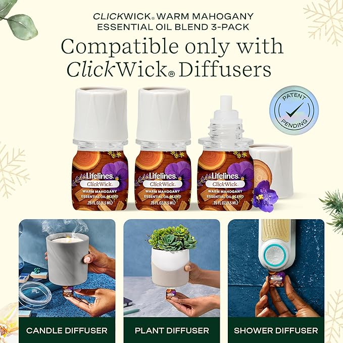 Lifelines ClickWick Essential Oil Blends for Lifelines Diffusers, 3-Pack Warm Mahogany Set – Essential Oil Blend Refill for Candle, Plant & Shower Aromatherapy Diffuser – Fragrance for Diffusers - Bloomnest