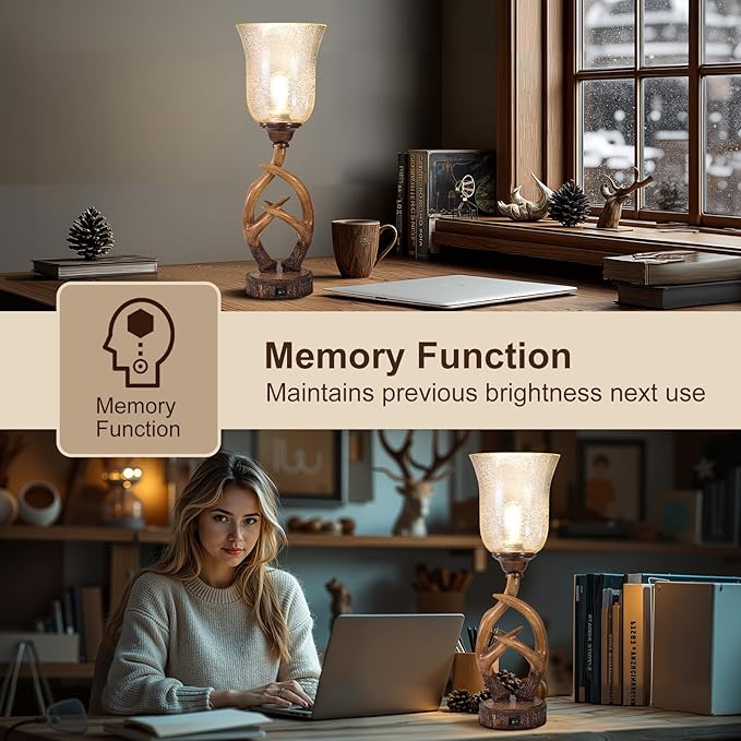 Scenekoy Antler Table Uplight Lamp for Living Room Bedroom, 20.5” Resin Memory Function Bedside Lamps with Glass Shade, Rustic Nightstand Lamp with USB Ports for Home Room Decor (Bulb Included) - Bloomnest