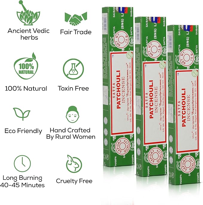 Satya Patchouli Incense Sticks, Satya Bng (Bangalore) Insenses 15gmx12 Pack with Raajsee Incense Holder Bundle, Satya Nagchampa Natural Incense - Bloomnest