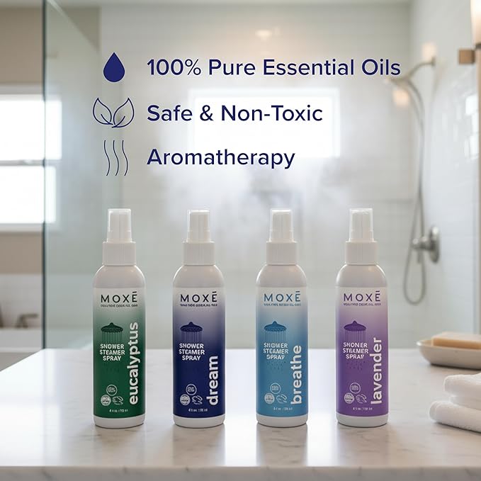 MOXE Aromatherapy Shower Mist Variety Pack, Eucalyptus, Lavender, Breathe and Dream, Spa Steam Spray, Natural 100% Essential Oils, Made in USA, Aromatherapy, Sinus Congestion Relief, 4 Pack (8oz) - Bloomnest