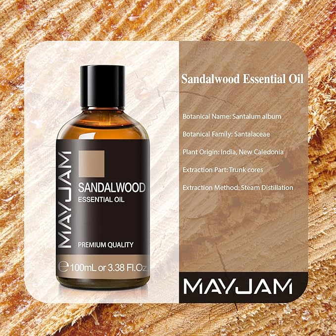 MAYJAM Sandalwood Essential Oil - Pure Essential Oils for Diffuser, Fragrance Oil for Soap Candle Making, Ideal for Home Office Car Yoga Use, 100ML/Bottle - Bloomnest