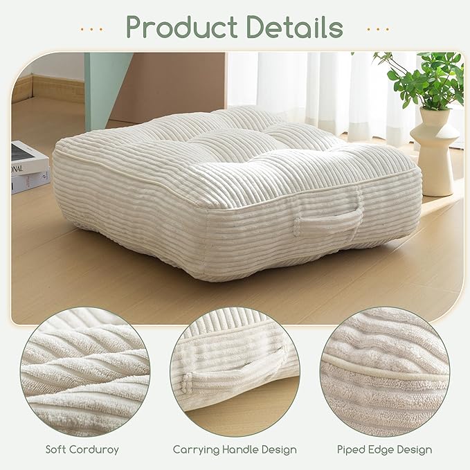 6" Washable Floor Pillow Cushion for Adults, Meditation Cushion Pillow, Large Square Floor Sitting, Removable Tufted Corduroy Cover, for Tatami Living Room or Yoga, 22x22 Inch, Machine Washable - Bloomnest