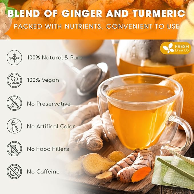 FreshDrinkUS, Premium 135 Turmeric Ginger Tea Bags, 100% Natural Ingredients, Hand-made Blend of Turmeric and Ginger Herbal Tea, Eco-conscious Tea Bags. No Sugar, No Caffeine, No Gluten, Vegan. - Bloomnest