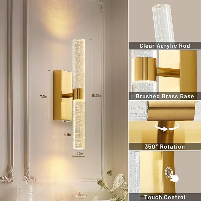 Gold Battery Operated Wall Sconce with Remote Control, 350°Rotate, Dimmable, 3000K/4000K/6000K, Timer, for Bedroom, Living Room, Hallway, Dining Room, 15.3 Inch, 1 Pack - Bloomnest