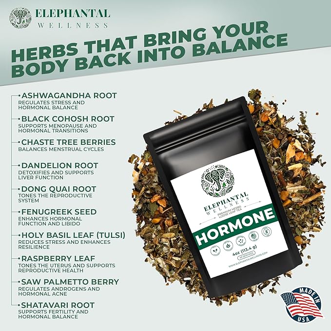 Elephantal Wellness Premium Hormone Herbal Tea | PCOS, Hormonal Balance & Mood Support with Chaste Berry, Shatavari, Dong Quai & Black Cohosh | Handmade, Non-GMO, Caffeine-Free Loose Leaf Blend – 4oz Loose Leaf, 40 Servings - Bloomnest