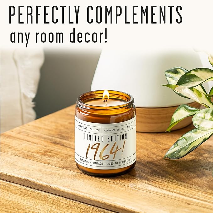 61st Birthday Gifts for Women - 'Limited Edition 1964' Soy Candle, w/Champagne on Ice I 61 Birthday Gifts for Women I 61st Gift for Her Ideas I 9oz Reusable Jar, 50Hr Burn, Made in USA - Bloomnest