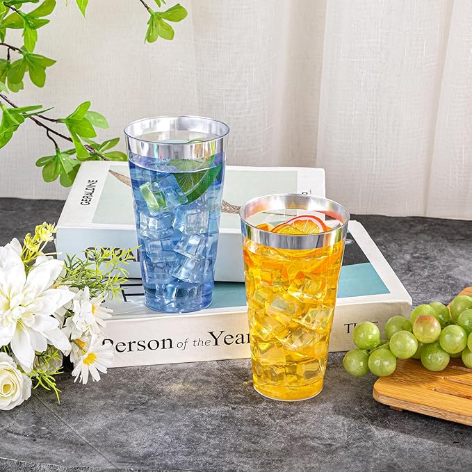 I00000 16 oz Silver Plastic Cups, 100 Pack Clear Plastic Cups,Silver Rimmed Disposable Cup, Heavy-duty Disposable Tumblers Perfect for Party, Holiday, Wedding & Birthday - Bloomnest