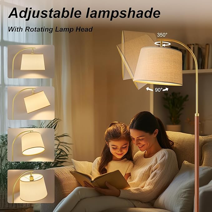 62.5" Gold Floor Lamp for Living Room Dimmable Standing Lamp with Remote & Foot Switch, 3 Color Temperatures Arc Tall Lamp Wood Mid Century Modern Floor Lamps for Bedroom Office, 9W Bulb Included - Bloomnest