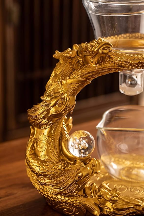 Glass Teapot Set with Infuser Semi Automatic Dragon Tea Set (Golden teapot) - Bloomnest