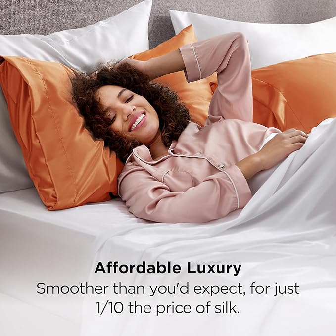 Bedsure Satin Pillowcase 2 Pack Similar to Silk Pillow Cases Standard Size, Pillow Case for Sleeping Women with Envelope Closure, Gifts for Women Men, Orange, 20x26 Inches, 2pcs - Bloomnest