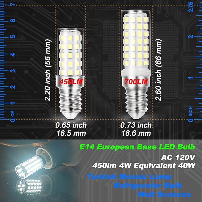 E14 European Base LED Bulb 4W Equivalent 40W Daylight White 6000K 450lm AC100V-265V T6 C7 E14 Candelabra Bulb for Turkish Persian Mosaic Lamp Pendant Refrigerator Bulb Wall Sconces,Non-Dimmable,3 Pack - Bloomnest