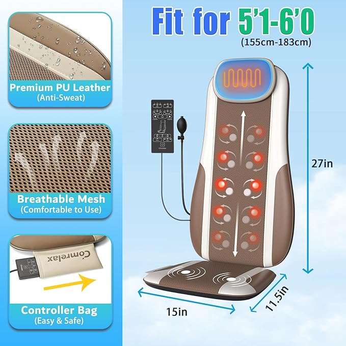 Shiatsu Back Massager with Heat, Massage Chair Pad Seat Cushion for Stress Relief, Deep Tissue Kneading & Roller, 2 Vibration Motors, Back Waist Hip Massager, PU Leather, with 2 Adapters - Bloomnest