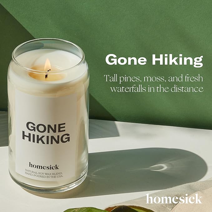 Homesick Scented Candles for Home (Gone Hiking) - 13.75 oz Long-Lasting Natural Soy Wax Blend Jar Candle Gifts for Women & Men, 60-80 Hours Burn Time - Notes of Pine, Jasmine & Sandalwood - Bloomnest