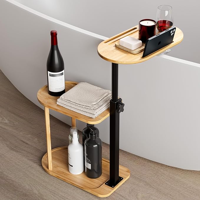3 Layer Bath Tub Tray Table, Freestanding Bamboo Bath Tray Caddy for Tub Against Wall, Bath Table Tray Tub Shelf Bathroom Organizer Shelf for Luxury Spa and House Warming New Home - Bloomnest