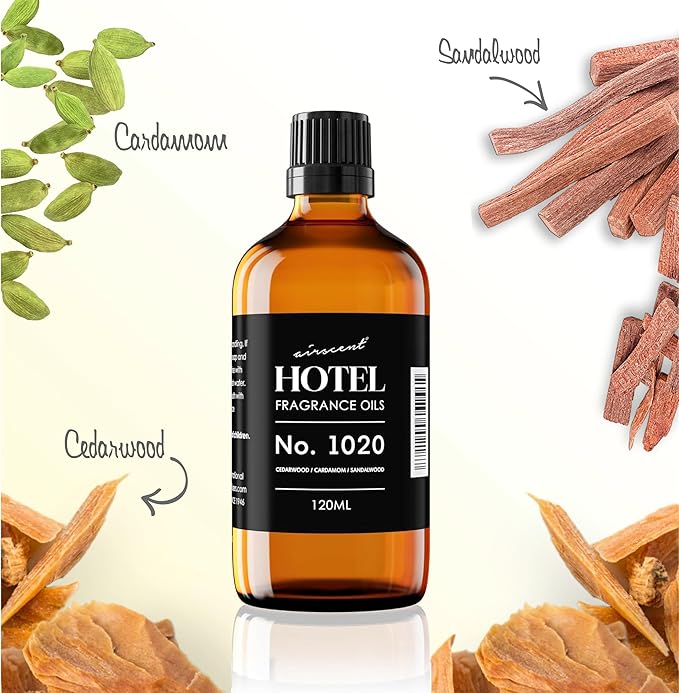AirScent Hotel Diffuser Oil No. 1020 - Bergamot Cardamom Sandalwood - Hotel Scent Dupe - Premium Fragrance Oil for Ultrasonic and Waterless Diffusers and Crafting - 120 mL, 4 fl oz Glass Bottle Airscent