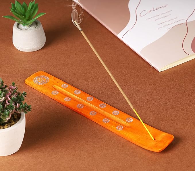 Bless-International Traditional-Handmade-Burner Wooden-Incense-Stick-Holder Ash-Catcher-Stand for-Aromatherapy-Meditation-Yoga (Orange, The Energy) 10 Inches, Pack of 2 - Bloomnest
