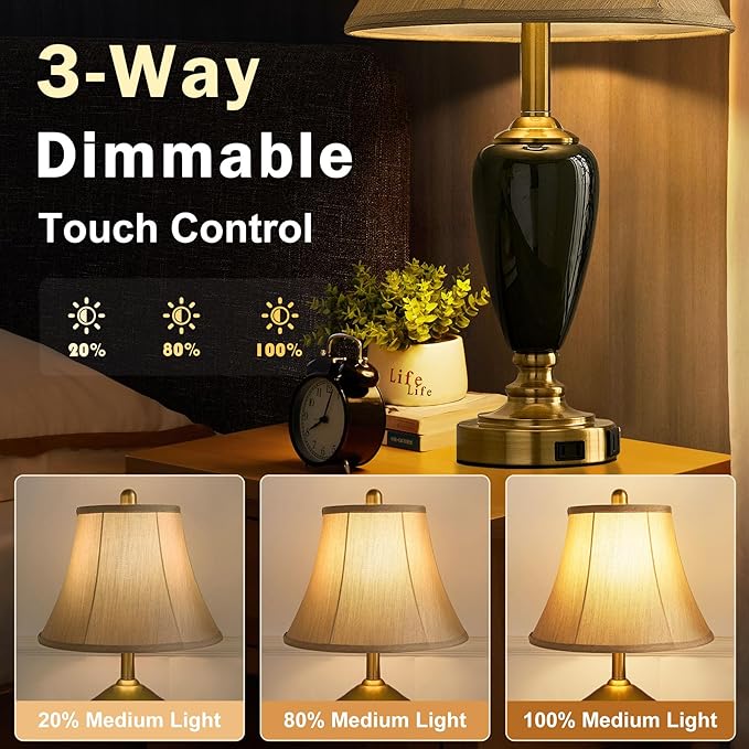 24" Ceramic Table Lamp with 3 Way Dimmable Touch Lamps - 2 USB Ports & AC Outlet Bedside Lamps, Modern Nightstand Lamp for Bedroom Living Room Office (Bulb Included) (Dark Green-2 Pack) - Bloomnest