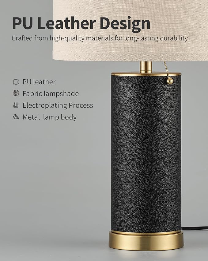 KDG 23.4" Black PU Leather Table Lamps for Living Room Set of 2, 3 Level Brightness LED Modern Home Decor Fabric Lampshade Desk Lamp Lighitng for Bedroom, Bedside, Farmhouse, Nightstand, Night Light - Bloomnest