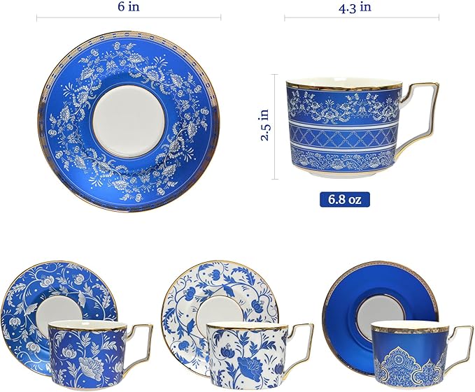ACMLIFE Bone China Tea Cups and Saucers Set of 4, 6.8 oz Blue and White Tea Cups Set of 4, with Gold Trim and Gift Box (Blue-4) - Bloomnest