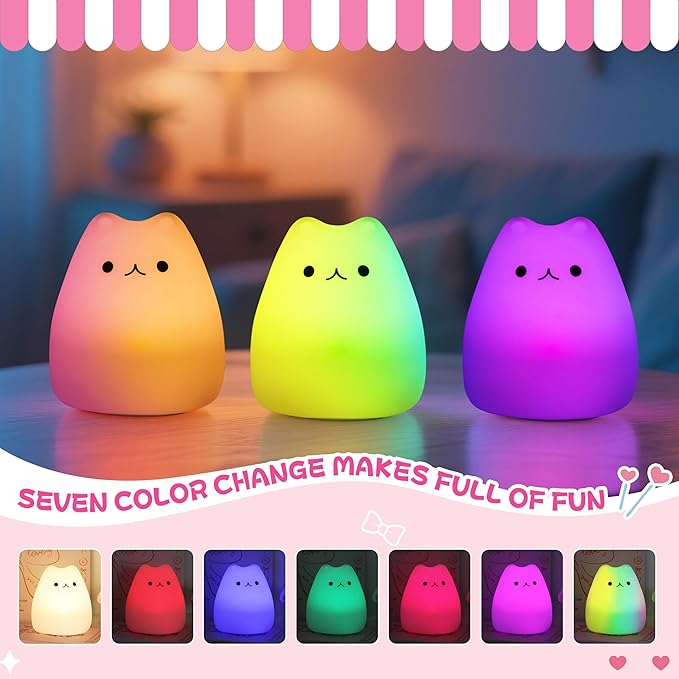 Night Light for Kids, Rechargeable Dimmable Silicone LED Nightlight with 7 Colors, Baby Nursery Night Lamp, Touch Squishy Lamp, Cute Gifts for Girls, Boys, Toddler Room Decor, Cat - Bloomnest