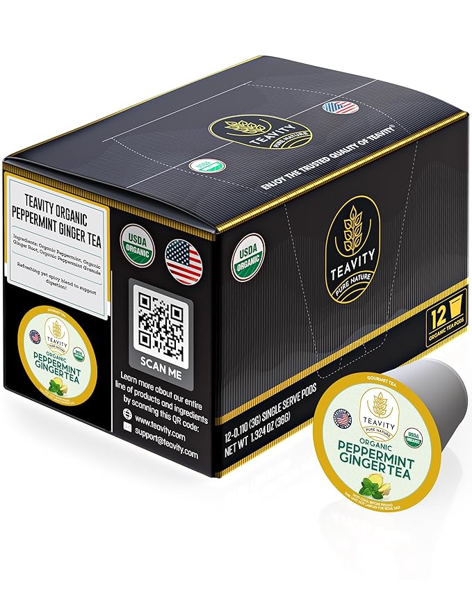 Organic Ginger Tea Pods for Keurig with Organic Peppermint Tea - Decaf Tea for K Cup Brewing Peppermint Ginger by Teavity (12 Tea Pods) - Bloomnest