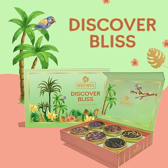 BREWIX, Discover Bliss Premium Assorted Tea Gift Set for Women (6 Premium Teas / 75+ Cup) | Tea Gift Sets For Tea Lover | Tin Caddy Presentation Box | Gifts for Her | Gifts for Women - Bloomnest