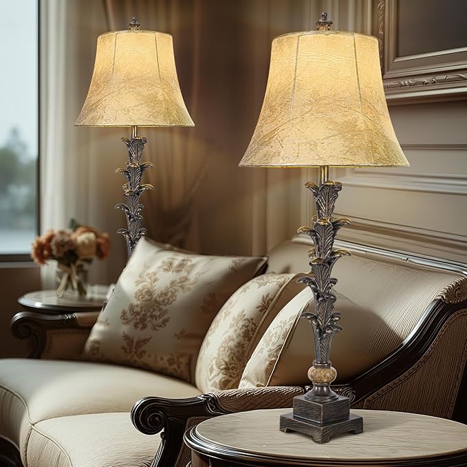 Table Lamps Set of 2 for Living Room, 33'' Tall Bedside Table Lamps with 3 Way Dimmable Bulbs, Farmhouse Buffet Lamps with Laux Leather Shades, Vintage Brown Desk Lamps for Nightstand Bedroom Office - Bloomnest