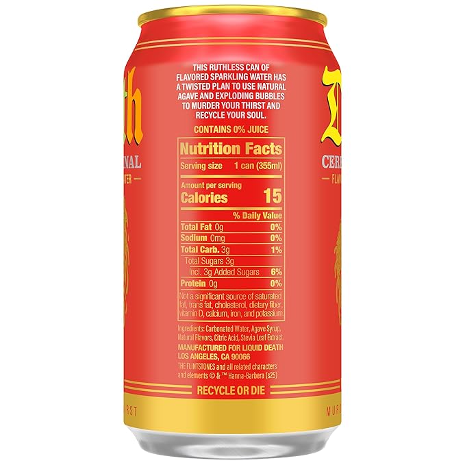 Liquid Death Soda-Flavored Sparkling Water - Cereal Criminal (Fruity Pebbles, Cream), Less Sugar*, Huge Flavor, No Caffeine, No Artificial Sweeteners, 12 Fl Oz (Pack of 12) - Bloomnest