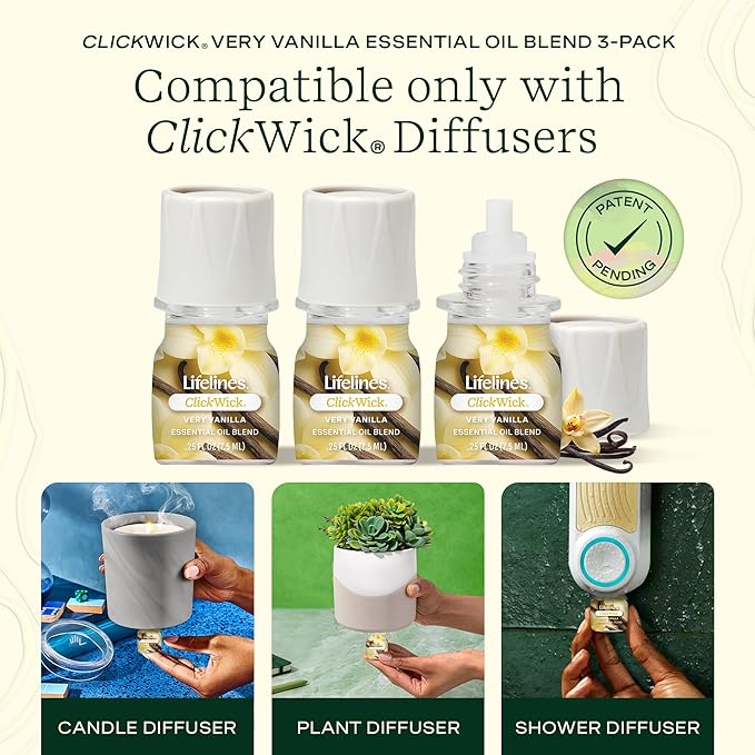 Lifelines ClickWick Essential Oil Blends for Lifelines Diffusers, 3-Pack Very Vanilla Set – Essential Oil Blend Refill for Candle, Plant & Shower Aromatherapy Diffuser – Fragrance for Diffusers - Bloomnest