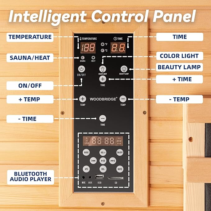 Woodbridge Infrared Home Sauna Room 2 Person Japanese Cedar Indoor Sauna with 7 Carbon Heaters, Red Light Therapy, Bluetooth Speaker, Intelligent Control Panel, Tempered Glass & Top Vent WOODBRIDGE