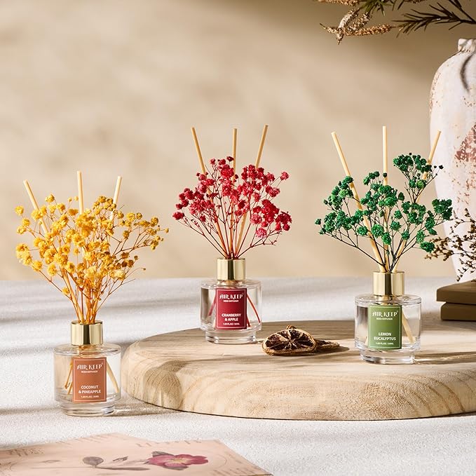 Airkeep Reed Diffuser Set of 3, Coconut Pineapple Lemon Eucalyptus Cranberry Apple Oil Reed Diffusers for Bedroom Living Room Office Aromatherapy Oil Reed Diffuser for Gift 50ml x 3 - Bloomnest