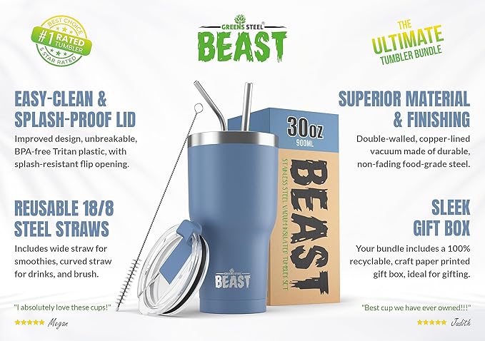 Beast 30 oz Tumbler Stainless Steel Vacuum Insulated Coffee Ice Cup Double Wall Travel Flask (Stormy Sky Blue) - Bloomnest