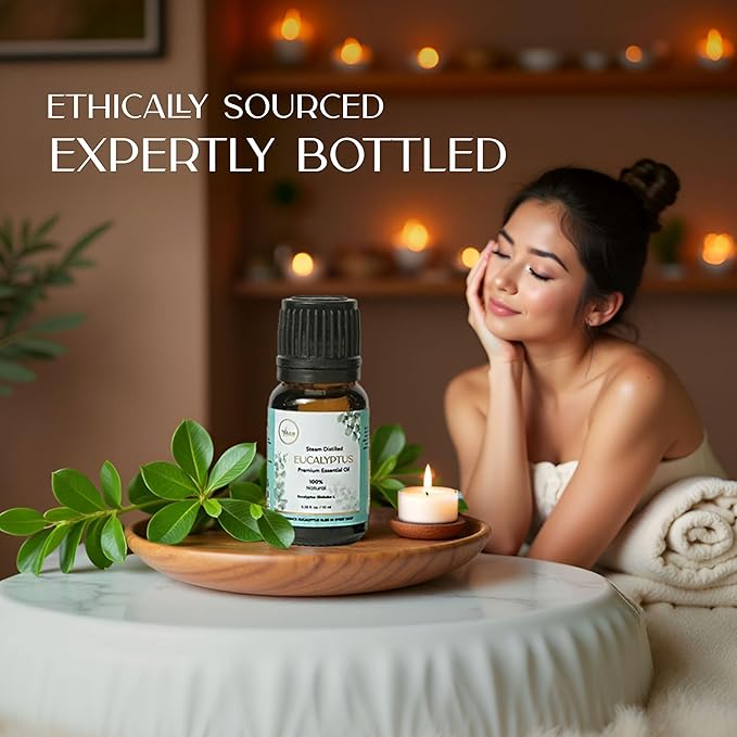 My Ace Eucalyptus Essential Oil – 100% Pure & Natural, Steam-Distilled, Undiluted Oil for Diffuser, Aromatherapy, Massage, Candle & Soap Making – Amber Glass Bottle – 0.33 fl oz MyAce