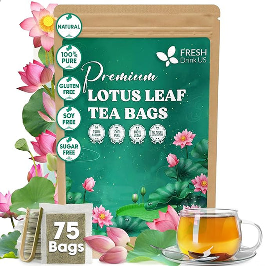 FreshDrinkUS, Premium 75 Lotus Leaf Tea Bags, 100% Natural & Pure from Lotus Leaves. Loose Leaf Lotus Herbal Tea. Made with Eco-Conscious Tea Bags. No Sugar, No Caffeine, No Gluten, Vegan. - Bloomnest