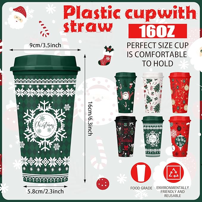 Pickmesh 12 Pack Christmas Coffee Cups Gifts Bulk 16 oz Reusable Coffee Cup Tumblers with Lid Plastic Cups Travel Mug Thank You Gifts for Women Coworkers Holiday Drinks - Bloomnest