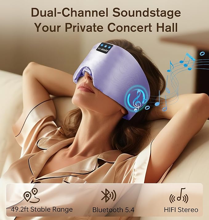 LC-dolida Luxurious Silk Soft Sleep Mask, Sleep Headphones with Bluetooth 5.4 for Side Sleeper, Total Blackout Eye Sleeping Mask for Women and Men, Ideal Gift for Restful Sleep, Travel(Light Purple) - Bloomnest