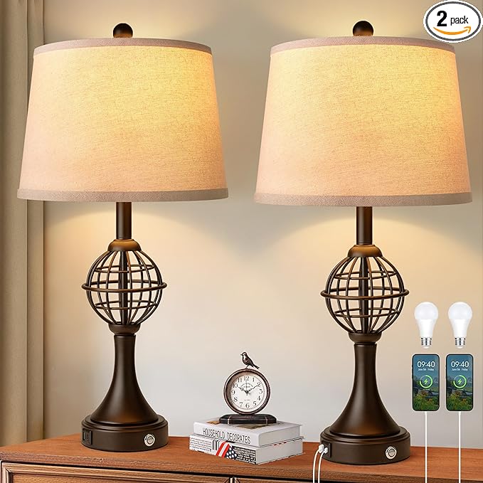 Table Lamps for Living Room Set of 2, Farmhouse Touch Lamps for Nightstand with USB A+C, 26.5" Rustic Bedside Lamp for Bedroom End Tables - Bloomnest