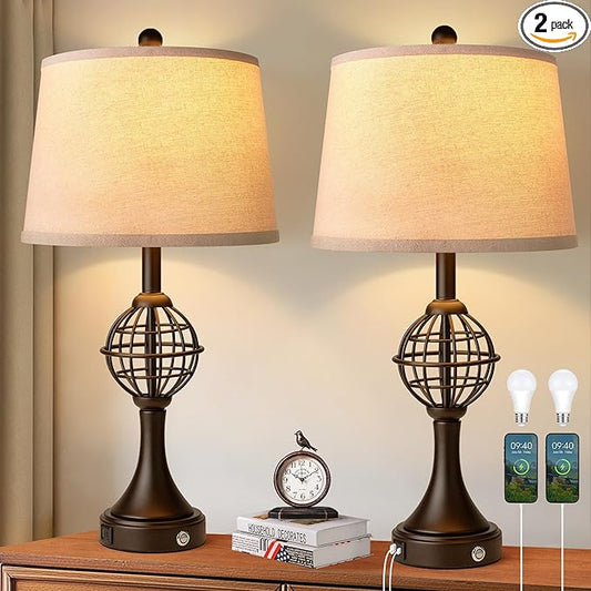 Table Lamps for Living Room Set of 2, Farmhouse Touch Lamps for Nightstand with USB A+C, 26.5" Rustic Bedside Lamp for Bedroom End Tables - Bloomnest