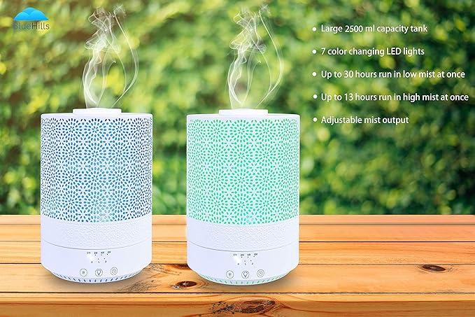 BlueHills 2500 ML XL Essential Oil Diffuser Aroma Humidifier with Timer for Large Home Decor Baby Rooms Big Huge 2.5 L Capacity Long Run Color Changing Lights Decorative Design High Mist White- F002 - Bloomnest