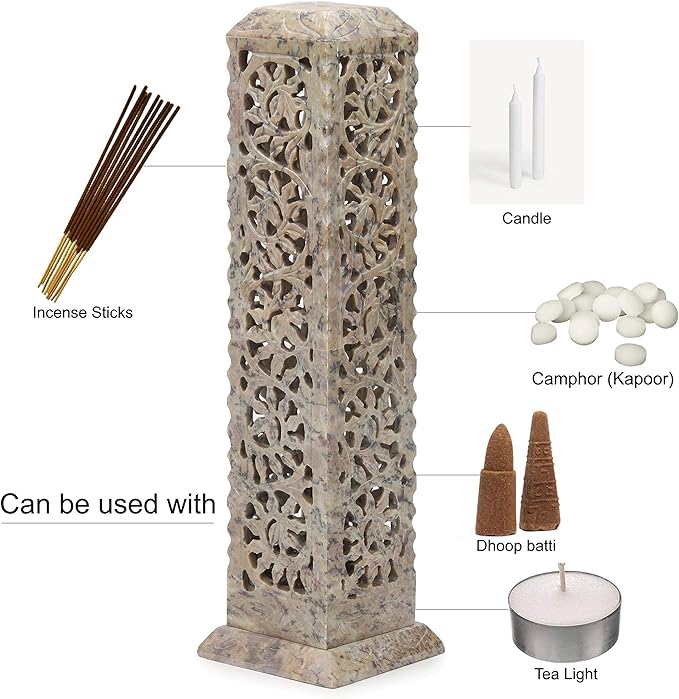 Carry Me Handmade Marble Soapstone Incense Stick Burner | Candle Stick Holder | Tea Light Stand - Perfect Incense Tower for Gifting. Decorative Home and Kitchen Decor (3 x 3 x 11 Inches) - Bloomnest