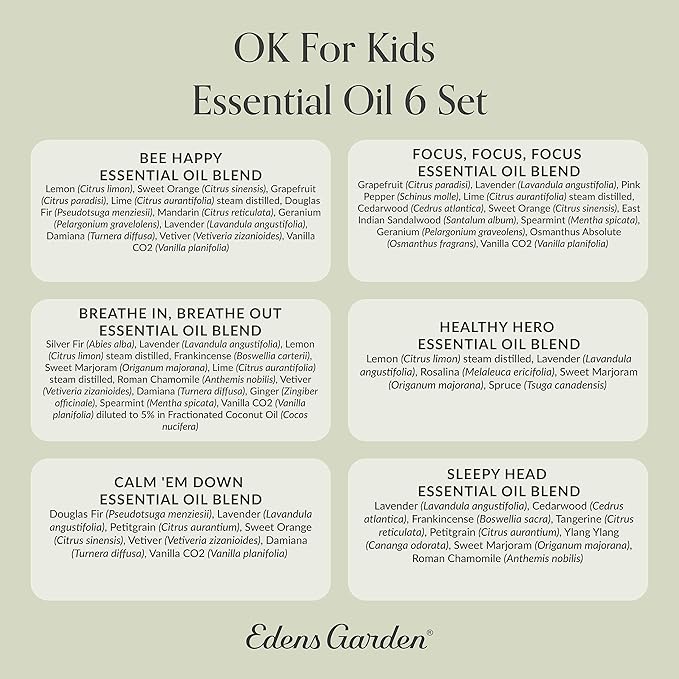 Edens Garden OK for Kids Essential Oils 6 Set - 100% Pure Therapeutic Grade, Natural Aromatherapy Blends for Diffusers, Skin, Sleep & Home - No Fragrance Oil, Undiluted & Gentle, 10 ml/ 6 Pack - Bloomnest