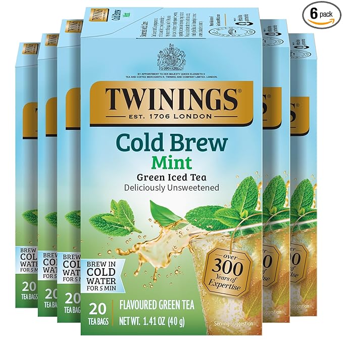 Twinings Mint Green Cold Brew Iced Tea Bags, 20 Count (Pack of 6), Unsweetened Flavoured Green Tea, Caffeinated, 120 Teabags - Bloomnest