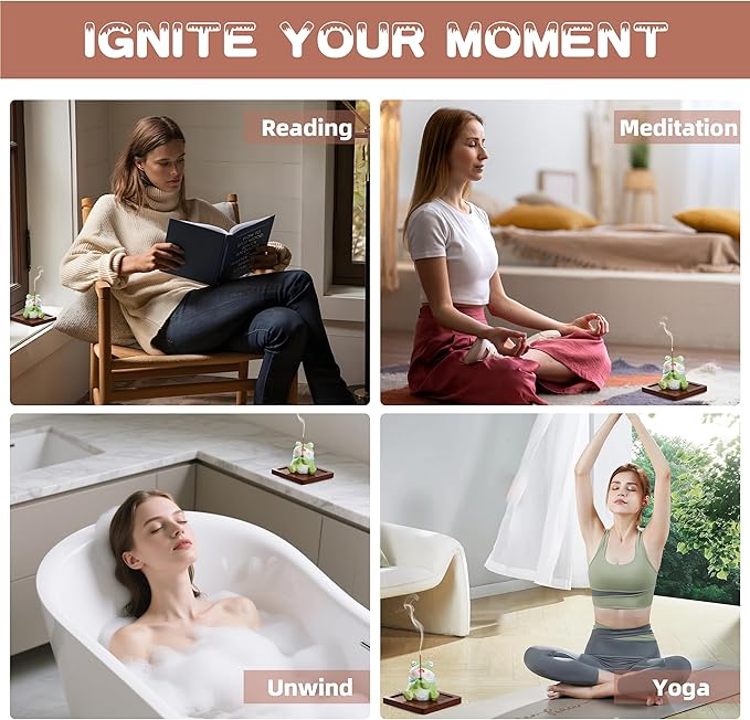 Lionpower Incense Holder for Sticks with Burner & Ash Catcher - Resin Frog, Wooden Tray, 10 Incense Sticks for Meditation Yoga Spa, Cute Home Decor Room Accessories (Frog)