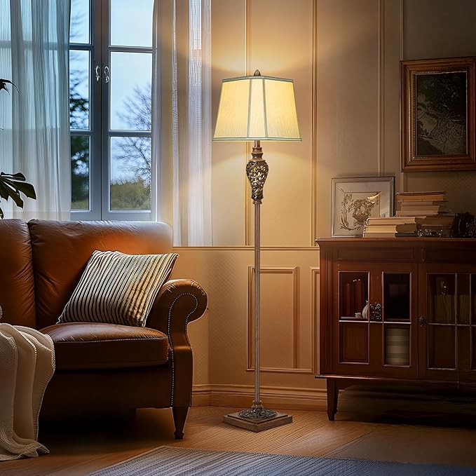 Vintage Floor Lamp with Nightlight, 65" Rustic Standing Lamp with Beige Faux Silk Shade, Farmhouse Style Design Tall Lamp Decor for Living Room Bedroom Study Home Office Corner- Bronze (Bulb Included) - Bloomnest
