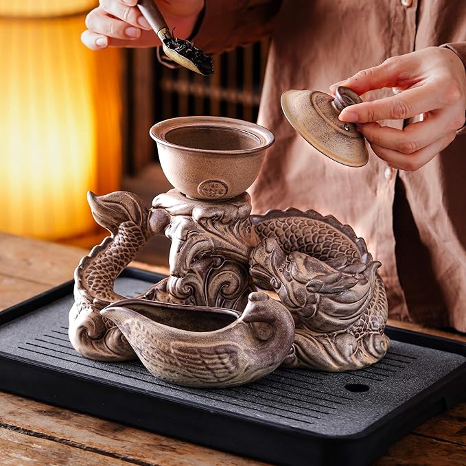 Semi Automatic Tea Set Ceramic Teapot with Infuser Magic Teapot with 8 cups (Retro Dragon-D) - Bloomnest