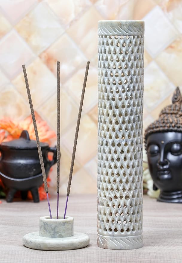 Crocon Handmade Blue Marble Soapstone Incense Stick Round Shape Elephant & Leaf Design Tower Burner | Tea Light Candle Holder | Decorative Home & Kitchen Best Gift Size - (2.7x2.7x10 Inch)