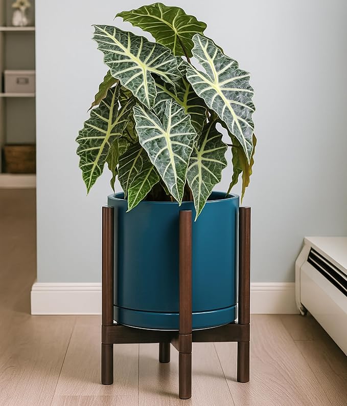 D'vine Dev Ceramic Planter with Walnut Color Stand - 12 Inch Modern Round Flower Pot with Wood Planter Holder, Teal, 55-B-W-4 - Bloomnest